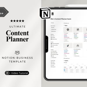 May include: A digital tablet displaying a content planner template. The screen shows a Notion-Business template with sections for planning, content creation, and apps. The text includes "Ultimate Content Planner" and "+ Video Tutorial."