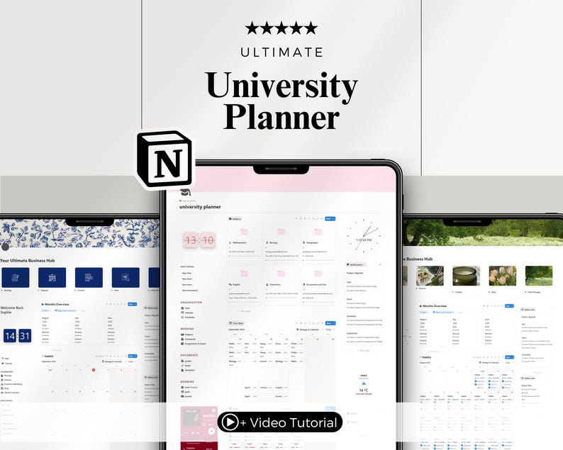 Peut inclure: Trois tablettes affichent un planificateur universitaire num&eacute;rique. Le planificateur pr&eacute;sente un design minimaliste avec une palette de couleurs rose clair et blanche. Le texte "Ultimate University Planner" est affich&eacute; en haut, avec le logo Notion.