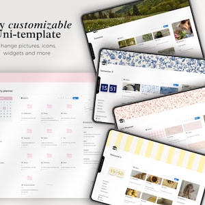 Peut inclure: Plusieurs &eacute;crans de tablettes num&eacute;riques affichant des designs Uni-template personnalisables. Les &eacute;crans pr&eacute;sentent diff&eacute;rentes mises en page, dont un planificateur universitaire et des mod&egrave;les semestriels, avec des options pour changer les images, les ic&ocirc;nes et les widgets. Le texte "enti&egrave;rement personnalisable Uni-template" est visible.