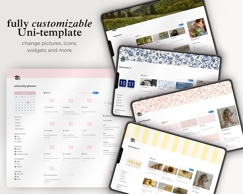 Peut inclure: Plusieurs &eacute;crans de tablettes num&eacute;riques affichant des designs Uni-template personnalisables. Les &eacute;crans pr&eacute;sentent diff&eacute;rentes mises en page, dont un planificateur universitaire et des mod&egrave;les semestriels, avec des options pour changer les images, les ic&ocirc;nes et les widgets. Le texte "enti&egrave;rement personnalisable Uni-template" est visible.
