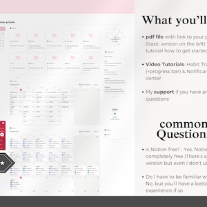 Peut inclure: Interface de planificateur num&eacute;rique avec calendrier, dossiers et widget de lecteur de musique. Le texte "university planner private" est en haut. Les mots "What you'll get" et "common Questions" sont &eacute;galement visibles.