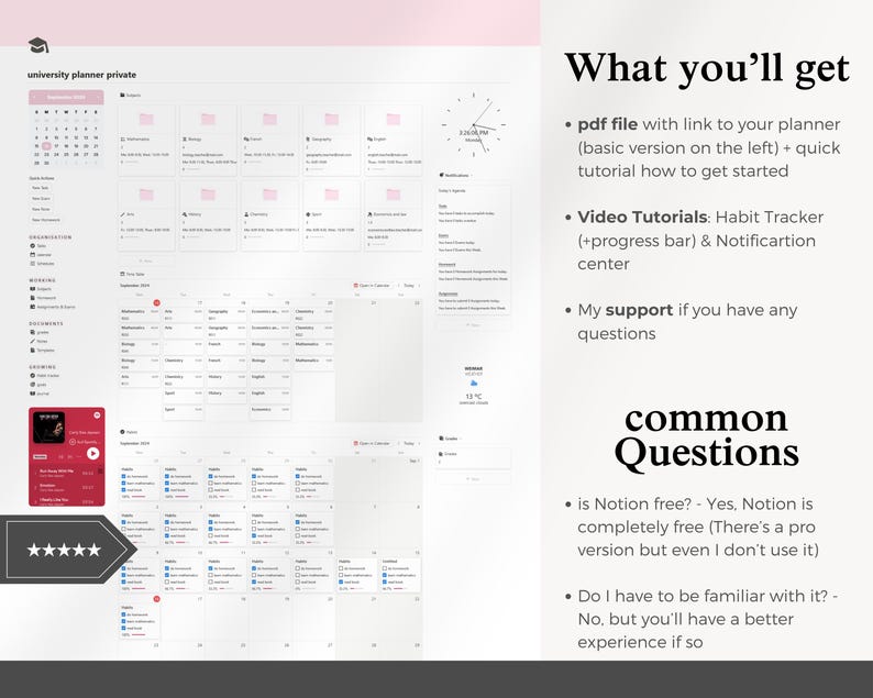 Peut inclure: Interface de planificateur num&eacute;rique avec calendrier, dossiers et widget de lecteur de musique. Le texte "university planner private" est en haut. Les mots "What you'll get" et "common Questions" sont &eacute;galement visibles.