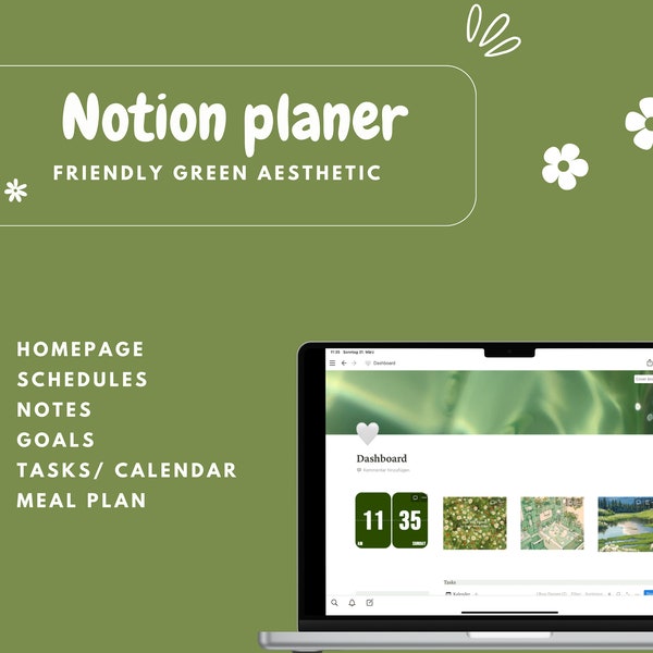 Notion Planner template that girl green aesthetic life planner personal digital planning-aesthetic flip clock timetable mealplanner schedules