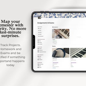 Peut inclure: Une tablette num&eacute;rique affichant une interface de planification avec le texte "Planifiez votre semestre avec clart&eacute;. Plus de surprises de derni&egrave;re minute." L'&eacute;cran montre les devoirs et les examens.
