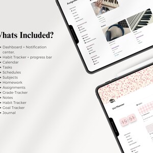 Peut inclure: Deux tablettes num&eacute;riques affichant une interface de planificateur avec un fond blanc et des accents floraux roses. Le texte "Whats Included?" est en haut &agrave; gauche, &eacute;num&eacute;rant des fonctionnalit&eacute;s telles qu'un calendrier, des t&acirc;ches et un suivi des habitudes. L'heure 15:51 est affich&eacute;e.