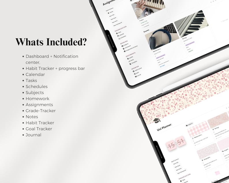 Peut inclure: Deux tablettes num&eacute;riques affichant une interface de planificateur avec un fond blanc et des accents floraux roses. Le texte "Whats Included?" est en haut &agrave; gauche, &eacute;num&eacute;rant des fonctionnalit&eacute;s telles qu'un calendrier, des t&acirc;ches et un suivi des habitudes. L'heure 15:51 est affich&eacute;e.