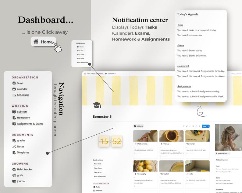 Peut inclure: Interface de planificateur num&eacute;rique sur fond gris clair. Le tableau de bord affiche les options de navigation, un centre de notifications et un aper&ccedil;u du semestre. L'interface comprend des sections pour les t&acirc;ches, les examens et les devoirs.