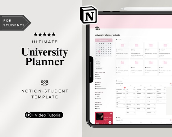 Notion University Planner Template 2026, academic life planner, Student Template, homework manager, Aesthetic School Manager
