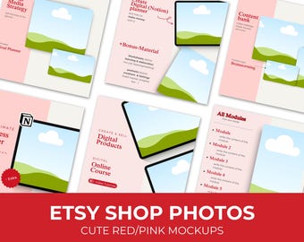 Canva mockup photos for digital products | Feminine Etsy thumbnail photos in red and pink | Aesthetic planner mockups