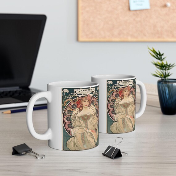 Mucha Art "Champenois" White Ceramic Coffee Mug (11oz or 15oz)  Vintage/Floral/Art Nouveau/Aesthetic/Gift/Tea/Style/Ad/Deco/Female/Classic