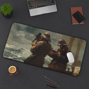 May include: A vintage-style painting of two men in nautical clothing standing on a ship's deck. The men are looking out at the sea, and one is holding a sextant. The painting is done in a dark, muted color palette.