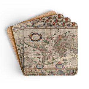 May include: Set of four cork coasters featuring a vintage world map with intricate details and a decorative border. The map is in shades of brown, blue, green, and red, with text in Latin and other languages.