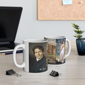 Jane Austen Pride and Prejudice Themed White Ceramic Mug (11, 15oz) Literary/Gift/Writer/Author/Book Lover/Regency/Vintage/Read/Coffee/Art