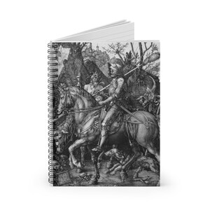 May include: A black and white engraving of a knight on horseback, with a skeletal figure holding an hourglass behind him. The knight is wearing armor and a helmet, and he is holding a spear. The horse is galloping forward, and the knight is looking ahead. The engraving is set against a background of trees and a distant city.
