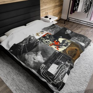 May include: A white duvet cover with a black and white collage design featuring a variety of images, including a bird in flight, a chain link fence, a red and black bird, and a person's face.