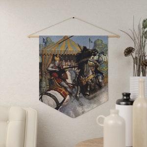 May include: A vintage illustration of two knights on horseback jousting in a tournament. The knights are wearing armor and wielding lances. The scene is set in a medieval courtyard with a tent in the background.