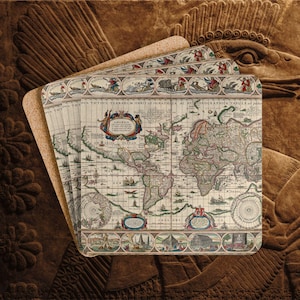 May include: A set of square coasters featuring a vintage world map print with beige, green, and blue tones. The map includes decorative cartouches, illustrations of ships, and the text "NOVA TOTIUS TERRARUM ORBIS GEOGRAPHICA AC HYDROGRAPHICA TABULA".