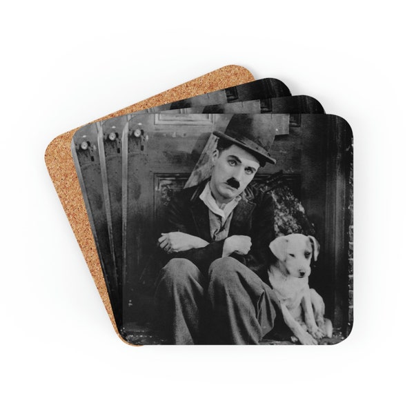 Charlie Chaplin "A Dog's Life" Corkwood Coaster Set (4) Film/Silent/Vintage/Comedy/Gift/Hollywood/Movie/Cinema/Writer/Author/Dog/Act