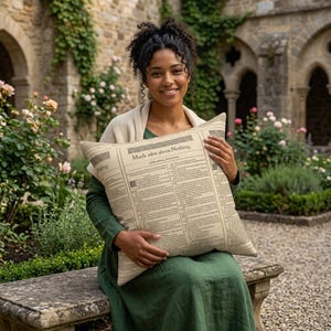 May include: A square throw pillow featuring a beige fabric cover printed with black text resembling an antique newspaper page. The central heading reads "Much adoe about Nothing," followed by columns of small, dense, and illegible black text.