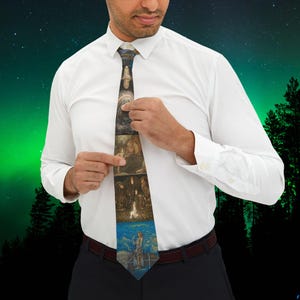 May include: A necktie featuring a vertical sequence of distinct, detailed illustrative panels in muted earth tones and deep blues, worn with a crisp white long-sleeved button-down shirt and dark trousers against a vibrant green aurora borealis background.