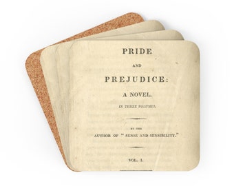 Pride and Prejudice 1st Edition Corkwood Coaster Set Literary/Jane Austen/Regency/Georgian/Writer/Author/Vintage/Woman/Title Page