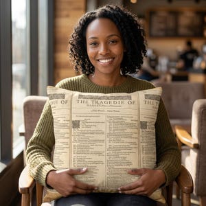 May include: A square throw pillow featuring a beige background with black printed text from The Tragedie of Hamlet, Prince of Denmarke. The design includes decorative borders and columns of classic play script, creating a literary aesthetic.
