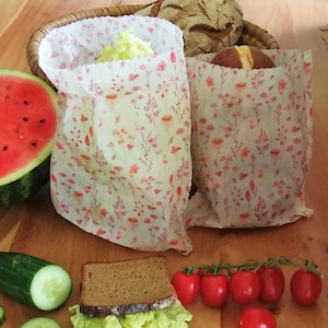 Organic beeswax bag &quot;Flowers 2&quot; snack, lunch bag, bread bag, food starter pack, handmade, organic beeswax, food wrap, zero waste