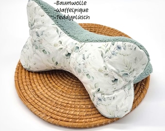 Cojín de lectura "Eucalipto" confeccionado en algodón, piqué tipo gofre y tela de peluche; almohada cervical, soporte para libros, cojín decorativo, cojín de relajación, color menta antiguo.