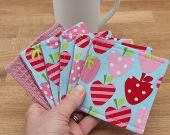Set di 6 sottobicchieri, sottobicchieri "Fragole", sottobicchieri per bicchieri, tazze, bottiglie, in tessuto, regalo, decorazione per la tavola, cucina, bevande