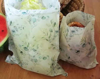 Bijenwaszakjes "Eucalyptus" Snacktas, Lunchtas, Broodzak, Startpakket voor eten, handgemaakt, Biologische bijenwas, Voedselverpakking, Zero Waste