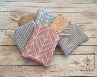 2er Set Spülschwamm, Schrubbschwamm "Blätter" waschbar, wiederverwendbar, Zero waste, Geschenk, Jute, Canvas,Waffelpique,Null Abfall