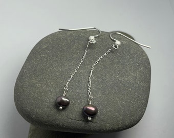 Peacock Pearl Dangle Earrings: Sterling Silver Figaro Chain