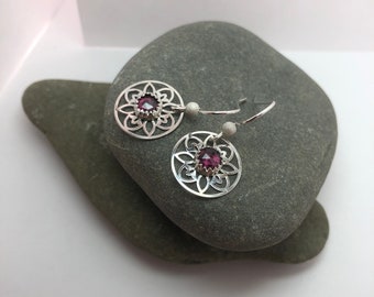 Garnet Flower Earrings: Rose Cut Sterling Silver Bezel Set