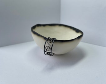 Dark patina filigree adjustable sterling silver ring