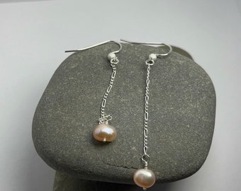 Peach Pearl Drop Earrings: Sterling Silver Figaro Chain Dangle