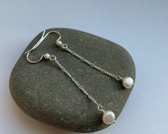 Ivory Pearl Dangle Earrings: Sterling Silver Figaro Chain