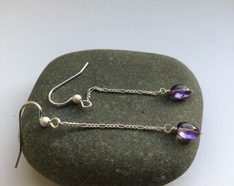 Sterling Silver Amethyst Drop Earrings: Figaro Chain Dangle