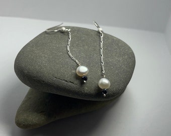 Pearl Drop Earrings: Sterling Silver Figaro Chain, Midnight Spinel Beads