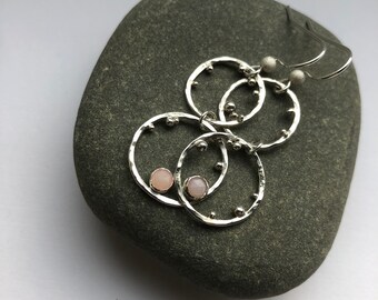 Granulated Pink Opal Sterling Silver Circle Earrings