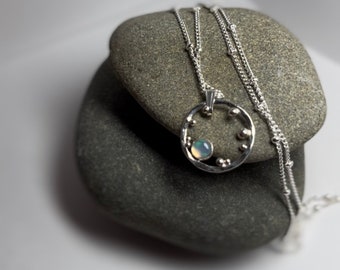 Sterling Silver Opal Necklace: Granulated Ripple Pendant, 18" Satellite Chain