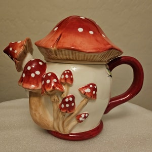 Blue Sky Clayworks Mushroom teapot red top with white polkadots