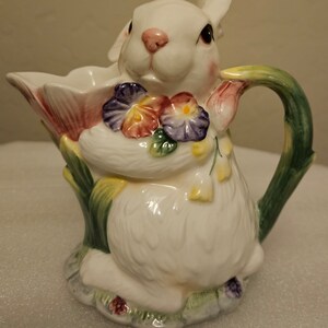 Easter Spring Corner Ruby CR Spring Collection creamer. Bunny Rabbit with a wreath of pansies around its neck