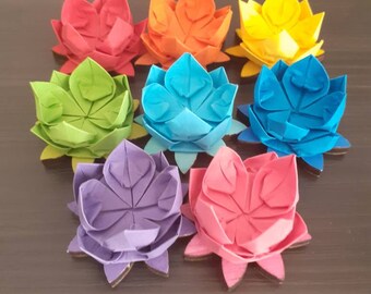 origami lotus with wooden base
