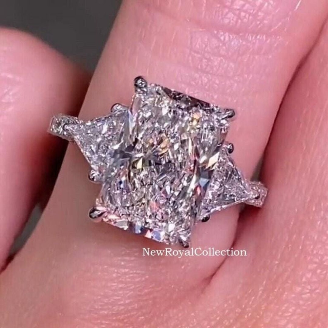 Trillian Rings 4 CT Radiant Cut Moissanite Engagement Ring Side Trillian Cut 3 Stone ...