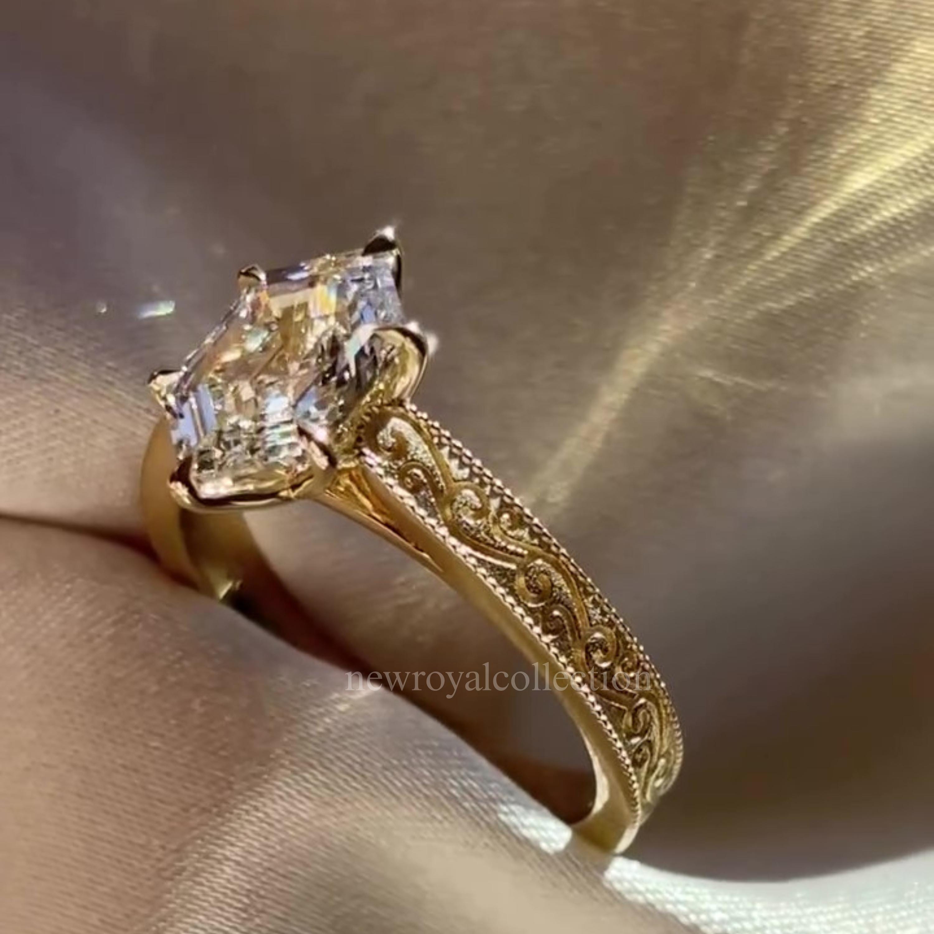 Dutch Shape Ring 2 CT Dutch Marquise Hexagon Engagement Ring Engraved Yellow Gold ...