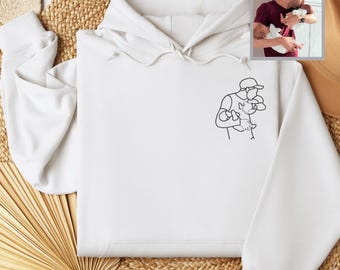 Personalised Dad Portrait Hoodie, Embroidered Sketch from Photo Hoodie, Family Matching Tops, Father's Day Gift for Dad, Picture Hoodie Gift