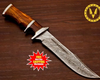 Damascus Steel Hunting Bowie Suitable for Camping with Pancake Sheath, Hand Forged Fixed Blade Survival Tool for Hunting, NEXT DAY SHIPPING