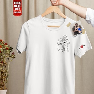 Geborduurd T-shirt portret portret, gepersonaliseerde schets van foto shirt, eerste T-shirts paar, bijpassende familie-T-shirts, herdenkingscadeau voor hem