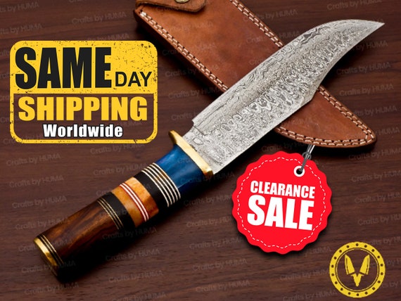 Cow Leather Handle Damascus Hunting Knife Fixed Blade Hand Forged