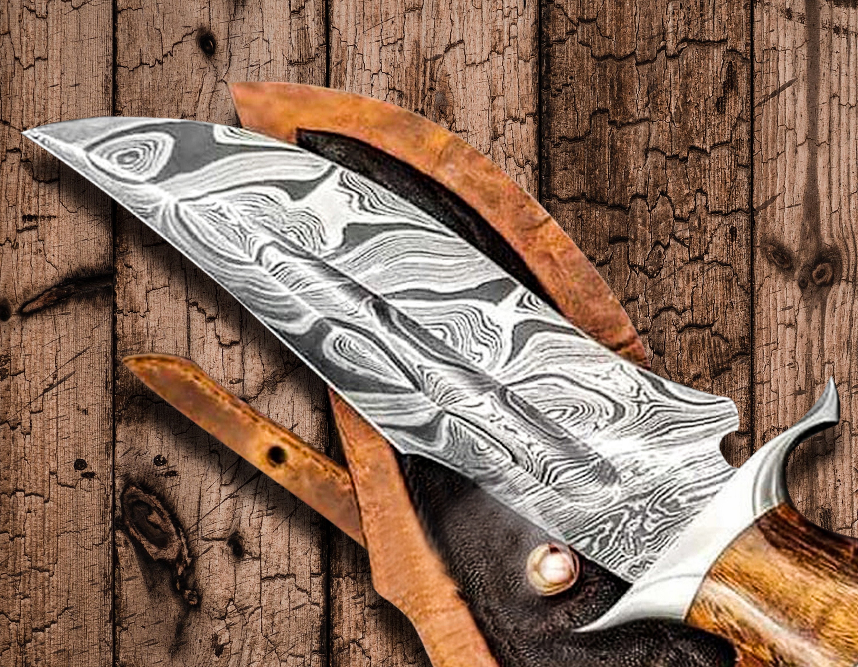 Carving & Whittling Craft Supplies & Tools Skinning Knife Olive wood handle  full tang skinner with leather sheath Twisted pattern Damascus steel blade  13 Custom Hunting Knife Sculpting & Forming hamaguri.co.jp